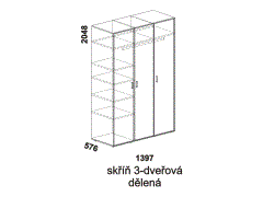 Skříň 3-dveřová dělená, dýha, lamino - rozměrový nákres. Kvalitní zpracování. Různé druhy barevných odstínů. Český výrobek.