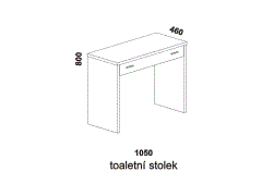 Toaletní stolek - rozměrový nákres. Provedení: masiv nebo lamino. Více barevných odstínů. Český výrobek.