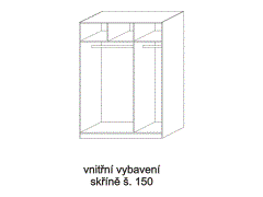 Vnitřní vybavení skříně, šířka 150 - rozměrový nákres. Široký díl: zásuvkový modul T a šatní tyč. Úzký díl: police a šatní tyč.