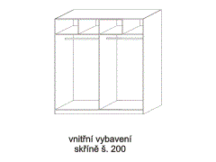 Vnitřní vybavení skříně, šířka 200 - rozměrový nákres. Široký díl: zásuvkový modul T a šatní tyč.