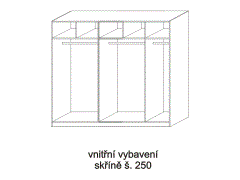 Vnitřní vybavení skříně, šířka 250 - rozměrový nákres. Široký díl: zásuvkový modul T a šatní tyč. Úzký díl: police a šatní tyč.
