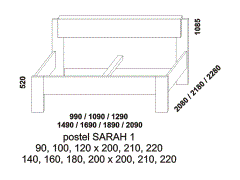 Postel Sarah 1 z masivu - rozměrový nákres. Čalouněné čelo. Provedení: masivní buk, dub. Široká nabídka čalounění zadního čela postele. Vysoká kvalita.