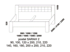 Postel Sarah 2 z masivu - rozměrový nákres. Čalouněné čelo. Provedení: masivní buk, dub. Široká nabídka čalounění zadního čela postele. Vysoká kvalita.