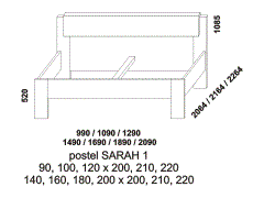 Postel Sarah 1, provedení lamino - rozměrový nákres. Čalouněné čelo. Široká nabídka čalounění zadního čela postele. Vysoká kvalita. Česká výroba.