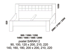 Postel Sarah 2, provedení lamino - rozměrový nákres. Čalouněné čelo. Široká nabídka čalounění zadního čela postele. Vysoká kvalita. Český výrobek.