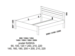 Postel Saskia z masivu - rozměrový nákres. Příčkové čelo. Provedení: masivní buk, dub. Více barevných odstínů. Kvalitní česká postel.