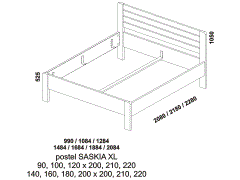 Postel Saskia XL z masivu - rozměrový nákres. Příčkové čelo. Provedení: masivní buk, dub. Více barevných odstínů. Kvalitní česká postel.