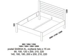 Postel Saskia XL z masivu - rozměrový nákres. Zvýšené zadní čelo. Provedení: masivní buk, dub. Více barevných odstínů. Kvalitní česká postel.