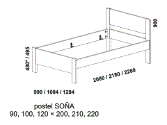 Jednopostel Soňa z masivu - rozměrový nákres. Plné čelo. Provedení: masivní buk, dub. Více barevných odstínů. Kvalitní česká postel.