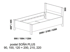 Jednopostel Soňa Plus z masivu - rozměrový nákres. Plné čelo. Provedení: masivní buk, dub. Závěsný úložný prostor. Kvalitní česká postel.