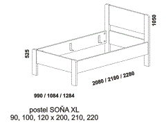 Jednopostel Soňa XL z masivu - rozměrový nákres. Plné čelo. Provedení: masivní buk, dub. Postel je vhodná pro vysoké matrace. Česká výroba.