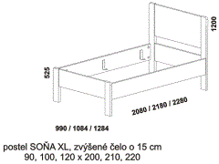 Jednopostel Soňa XL z masivu - rozměrový nákres. Zvýšené zadní čelo. Provedení: masivní buk, dub. Více barevných odstínů. Kvalitní česká postel.