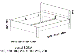 Postel Soňa z masivu - rozměrový nákres. Plné čelo. Provedení: masivní buk, dub. Více barevných odstínů. Kvalitní česká postel.