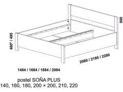 Postel Soňa Plus z masivu - rozměrový nákres. Plné čelo. Provedení: masivní buk, dub. Závěsný úložný prostor. Kvalitní česká postel.