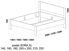Postel Soňa XL z masivu - rozměrový nákres. Plné čelo. Provedení: masivní buk, dub. Postel je vhodná pro vysoké matrace. Česká výroba.