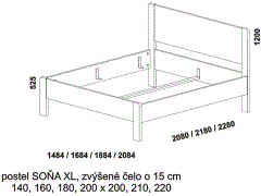 Postel Soňa XL z masivu - rozměrový nákres. Zvýšené zadní čelo. Provedení: masivní buk, dub. Více barevných odstínů. Kvalitní česká postel.