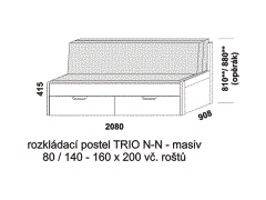 Rozkládací postel Trio N-N z masivu - složená. Šíře 80 cm. Rozměrový nákres. Do postelí lze použít systém matrací sedák a opěrák nebo 3-dílnou matraci.