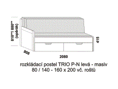 Rozkládací postel Trio P-N levá z masivu - složená. Šíře 80 cm. Rozměrový nákres. Do postelí lze použít systém matrací sedák a opěrák nebo 3-dílnou matraci.