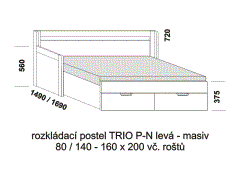 Rozkládací postel Trio P-N levá z masivu - rozložená. Šíře 80 cm. Rozměrový nákres. Do postelí lze použít systém matrací sedák a opěrák nebo 3-dílnou matraci.