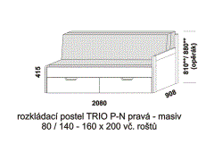 Rozkládací postel Trio P-N pravá z masivu - složená. Šíře 80 cm. Rozměrový nákres. Do postelí lze použít systém matrací sedák a opěrák nebo 3-dílnou matraci.