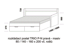 Rozkládací postel Trio P-N pravá z masivu - rozložená. Šíře 80 cm. Rozměrový nákres. Do postelí lze použít systém matrací sedák a opěrák nebo 3-dílnou matraci.