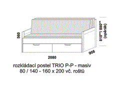 Rozkládací postel Trio P-P z masivu - složená. Šíře 80 cm. Rozměrový nákres. Do postelí lze použít systém matrací sedák a opěrák nebo 3-dílnou matraci.