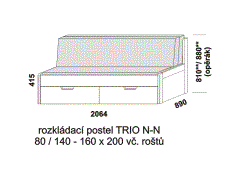 Rozkládací postel Trio N-N - složená. Šíře 80 cm. Rozměrový nákres. Provedení: LTD. Do postelí lze použít systém matrací sedák a opěrák nebo 3-dílnou matraci.