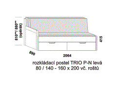 Rozkládací postel Trio P-N levá - složená, lamino. Šíře 80 cm. Rozměrový nákres. Do postelí lze použít systém matrací sedák a opěrák nebo 3-dílnou matraci.