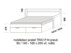Rozkládací postel Trio P-N pravá - rozložená, lamino. Šíře 80 cm. Rozměrový nákres. Do postelí lze použít systém matrací sedák a opěrák nebo 3-dílnou matraci.