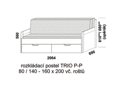 Rozkládací postel Trio P-P - složená. Šíře 80 cm. Rozměrový nákres. Provedení: LTD. Do postelí lze použít systém matrací sedák a opěrák nebo 3-dílnou matraci.