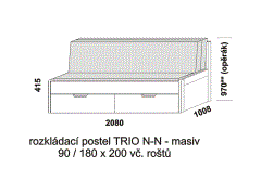 Rozkládací postel Trio N-N z masivu - složená. Šíře 90 cm. Rozměrový nákres. Do postelí lze použít systém matrací sedák a opěrák nebo 3-dílnou matraci.