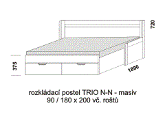 Rozkládací postel Trio N-N z masivu - rozložená. Šíře 90 cm. Rozměrový nákres. Do postelí lze použít systém matrací sedák a opěrák nebo 3-dílnou matraci.