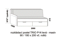 Rozkládací postel Trio P-N levá z masivu - složená. Šíře 90 cm. Rozměrový nákres. Do postelí lze použít systém matrací sedák a opěrák nebo 3-dílnou matraci.