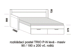 Rozkládací postel Trio P-N levá z masivu - rozložená. Šíře 90 cm. Rozměrový nákres. Do postelí lze použít systém matrací sedák a opěrák nebo 3-dílnou matraci.