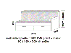 Rozkládací postel Trio P-N pravá z masivu - složená. Šíře 90 cm. Rozměrový nákres. Do postelí lze použít systém matrací sedák a opěrák nebo 3-dílnou matraci.