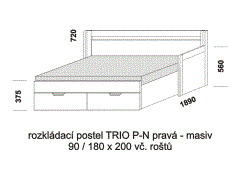 Rozkládací postel Trio P-N pravá z masivu - rozložená. Šíře 90 cm. Rozměrový nákres. Do postelí lze použít systém matrací sedák a opěrák nebo 3-dílnou matraci.