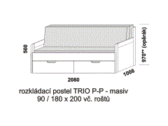 Rozkládací postel Trio P-P z masivu - složená. Šíře 90 cm. Rozměrový nákres. Do postelí lze použít systém matrací sedák a opěrák nebo 3-dílnou matraci.