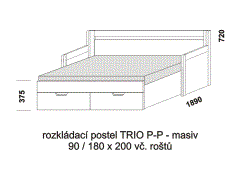 Rozkládací postel Trio P-P z masivu - rozložená. Šíře 90 cm. Rozměrový nákres. Do postelí lze použít systém matrací sedák a opěrák nebo 3-dílnou matraci.