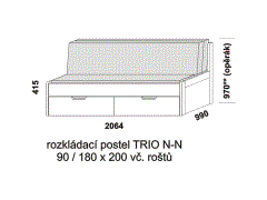 Rozkládací postel Trio N-N - složená. Šíře 90 cm. Rozměrový nákres. Provedení: LTD. Do postelí lze použít systém matrací sedák a opěrák nebo 3-dílnou matraci.