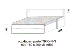 Rozkládací postel Trio N-N - rozložená. Šíře 90 cm. Rozměrový nákres. Provedení: LTD. Do postelí lze použít systém matrací sedák a opěrák nebo 3-dílnou matraci.