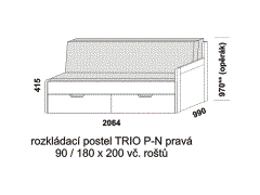 Rozkládací postel Trio P-N pravá - složená, lamino. Šíře 90 cm. Rozměrový nákres. Do postelí lze použít systém matrací sedák a opěrák nebo 3-dílnou matraci.