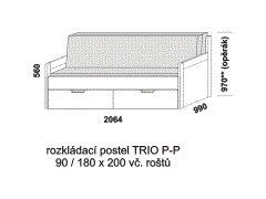 Rozkládací postel Trio P-P - složená. Šíře 90 cm. Rozměrový nákres. Provedení: LTD. Do postelí lze použít systém matrací sedák a opěrák nebo 3-dílnou matraci.