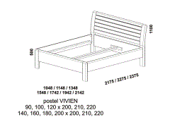 Masivní postel Vivien - rozměrový nákres. Zaoblené zadní čelo. Oblé hrany postele. Česká výroba. Vysoká kvalita.
