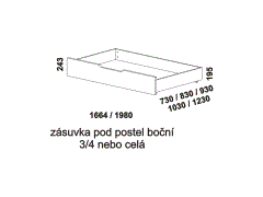 Zásuvka pod postel Vivien z masivu - rozměrový nákres. Provedení: masivní buk, dub. Praktický úložný prostor. Česká výroba.