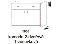 Komoda Yvetta 2-dveřová 1-zásuvková - rozměrový nákres. Provedení: masivní buk, dub. Více barevných odstínů. Vysoká kvalita.