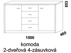 Komoda Yvetta 2-dveřová 4-zásuvková - rozměrový nákres. Provedení: masivní buk, dub. Více barevných odstínů. Praktická kombinace zásuvek a policových částí.