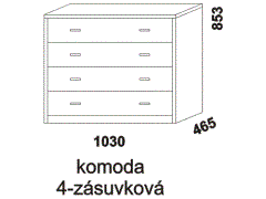 Komoda Yvetta 4-zásuvková - rozměrový nákres. Provedení: masivní buk, dub. Více barevných odstínů. Kvalitní konstrukce. Česká kvalita.