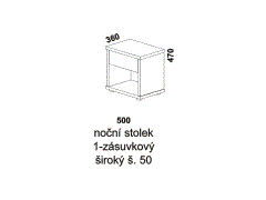 Noční stolek Yvetta jednozásuvkový, široký - rozměrový nákres. Provedení: masivní buk, dub. Široká nabídka barevných odstínů. Česká výroba.