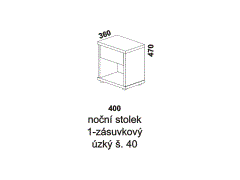 Noční stolek Yvetta jednozásuvkový, úzký - rozměrový nákres. Provedení: masivní buk, dub. Široká nabídka barevných odstínů. Česká výroba.