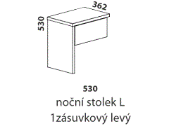 Noční stolek L 1zásuvkový Yvetta, levý – rozměrový nákres. Provedení: masivní buk, dub. Více barevných odstínů. Vysoká kvalita. Český výrobek.